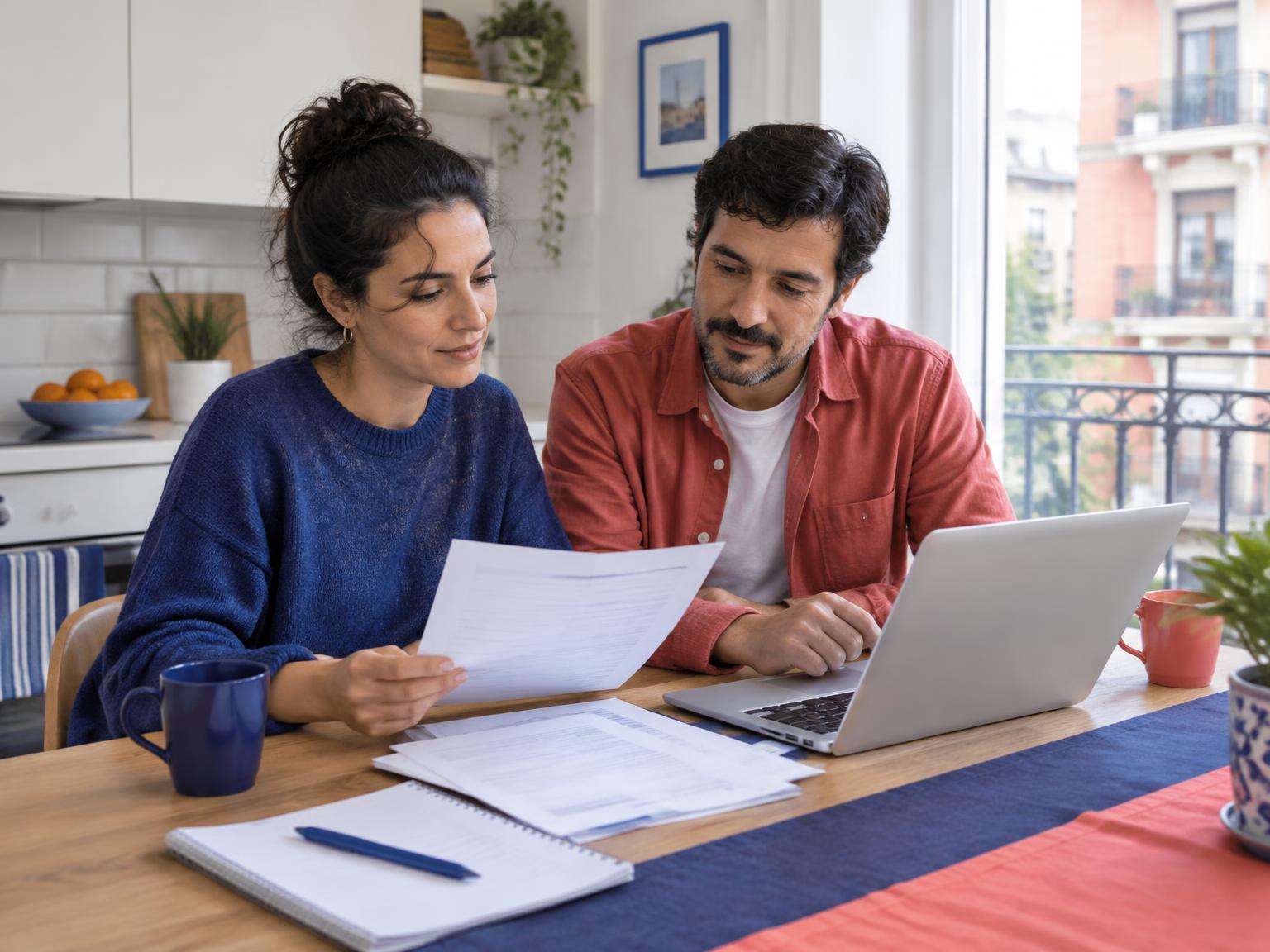 Personas revisando documentos y servicios digitales en casa